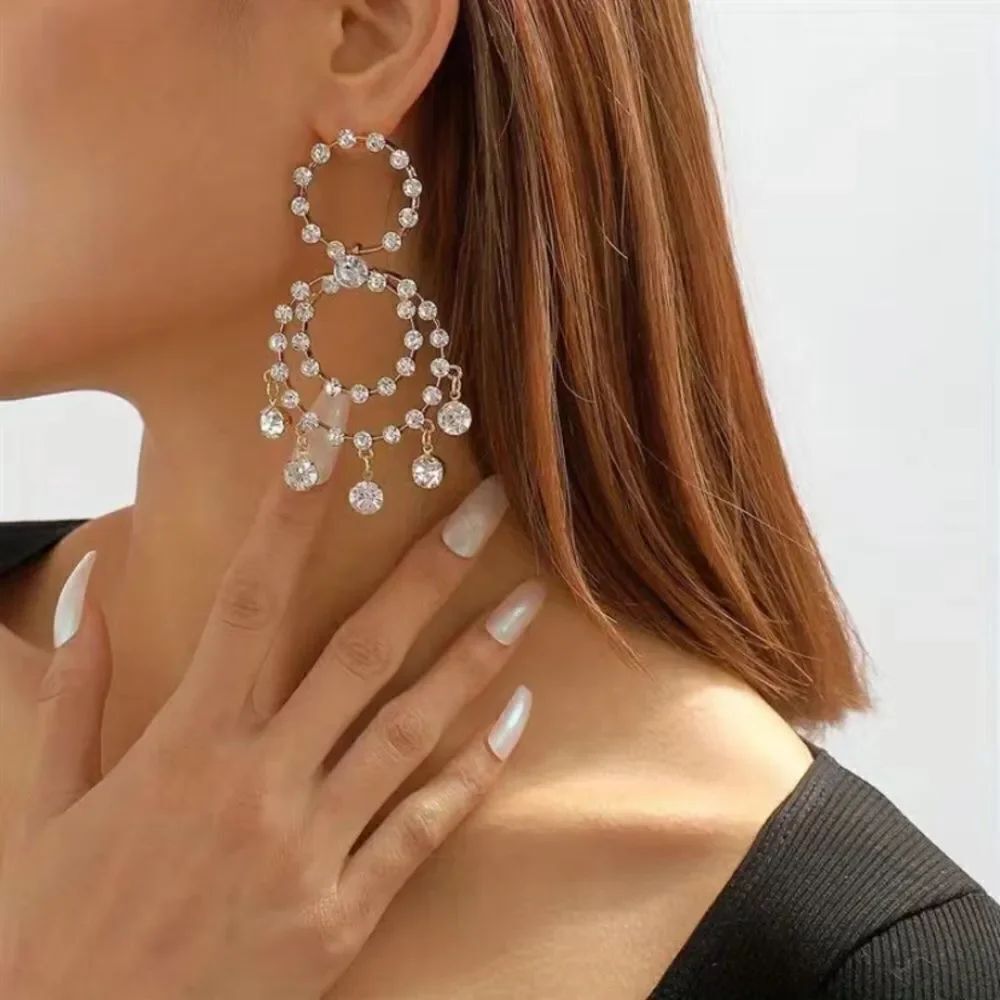 🔅🆕🔅 STUNNING Statement Golden Circle Shiny Rhinestone Dangle Earrings ✨
